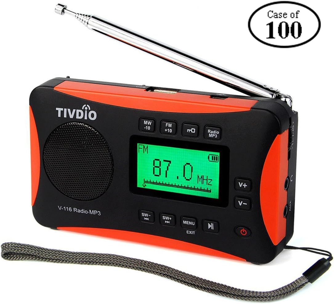 Case of 100,TIVDIO V-116 Portable Shortwave Radio with AM FM Transistor Support Micro-SD Card AUX Input MP3 Player Speaker Alarm Clock Sleep Timer(Black and Orange)