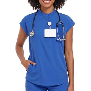 VECARDI Womens Scrub Top Zip Front Dolman Sleeves with Pockets | 2-Way Stretch Fabric, Soft Comfortable Fit, Badge Loop Detai