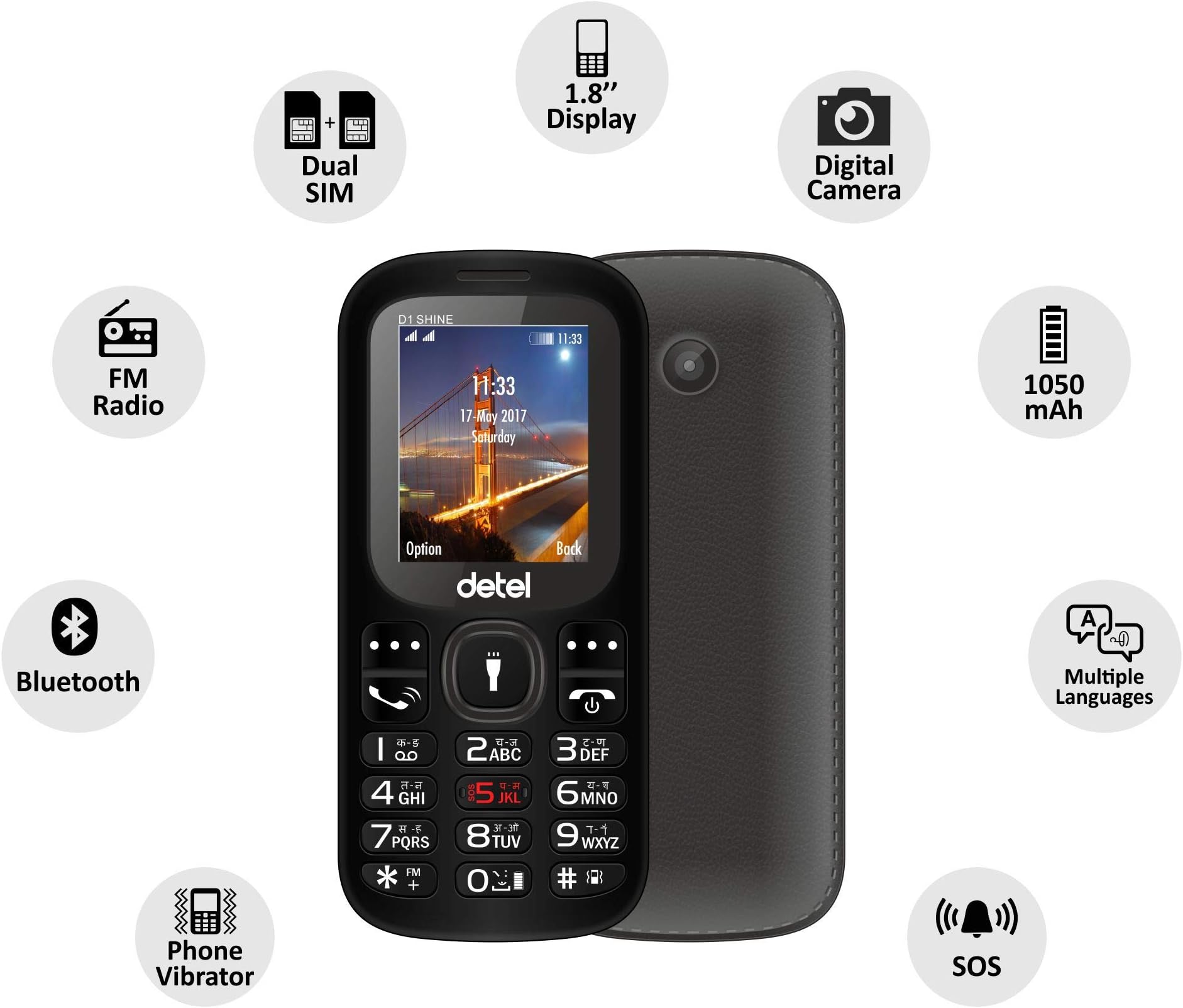 Detel D1 Shine with Dual sim, Camera, Audio/Video Player, SOS Function,Call/SMS Black List,Wireless FM,Torch and Bluetooth (Black)
