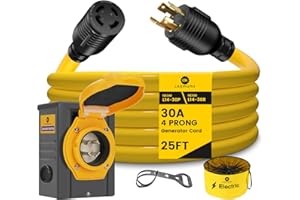 LAZMUMI 4 Prong 25FT 30 Amp Generator Cord Extension Cord and Power Inlet Box, Heavey Dury NEMA L14-30P to L14-30R,125/250V 7500W 10 Gauge SJTW Generator Cord, Twist Lock Connector