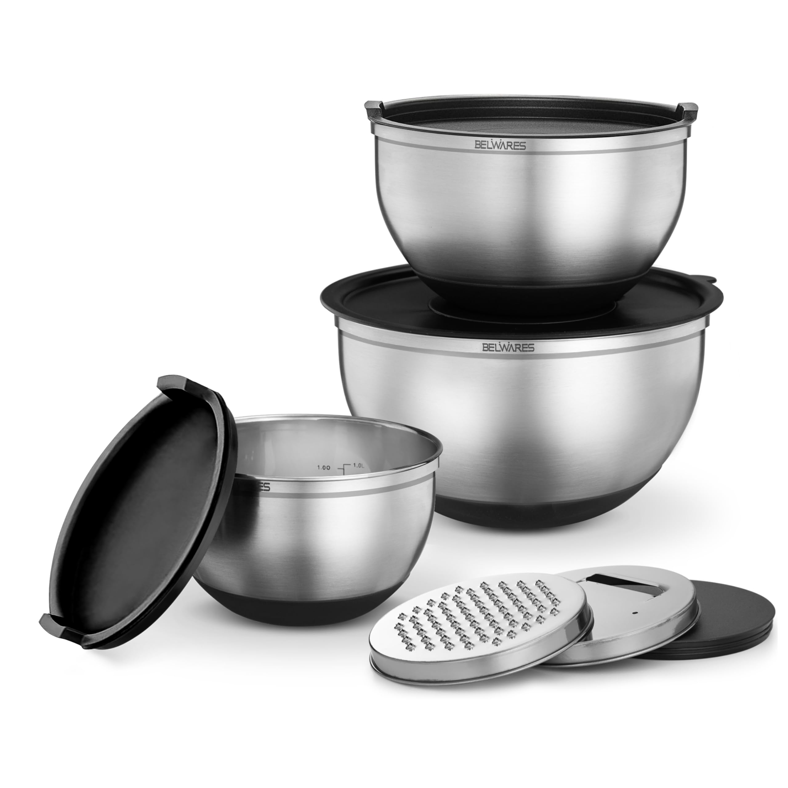 Belwares Stainless Steel Mixing Bowls with Lids - Nesting Bowls with Graters, Handle, Pour Spout, Airtight Lids - Non-Slip Mixing Bowl Set for Cooking, Baking, Prepping, Food Storage (Set of 3)