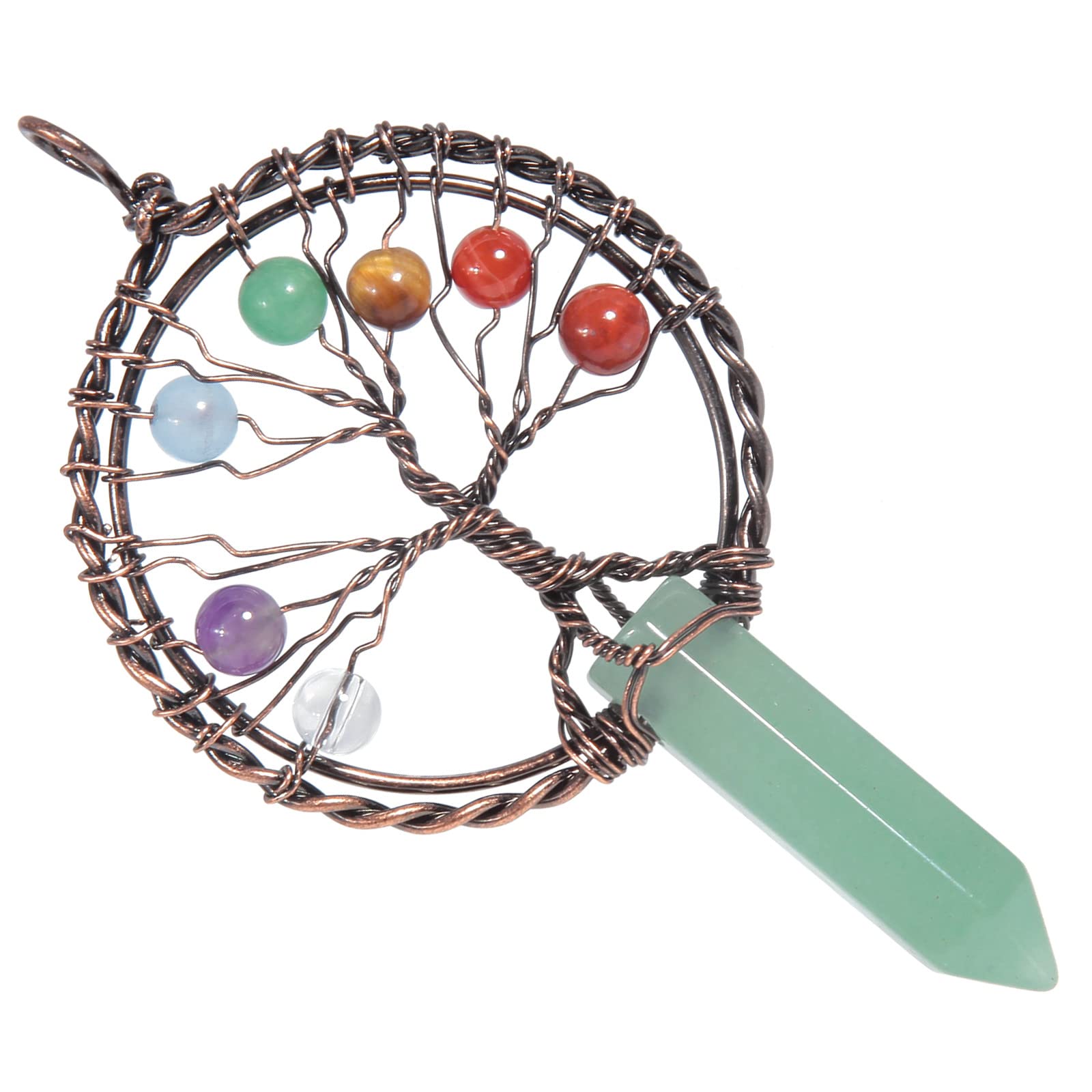 mookaitedecor 7 Chakra Tree of Life Necklace Green Aventurine Crystal Necklace for Women, Brown Healing Crystal Necklace Semi Precious Stone Pendant Necklace Boho Crystal Gemstone Necklace Jewellery