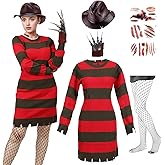 YUIQPKJX Womens Striped Sweater Dress Adult Horror Movie Freddy Killer Costume Accessories Hat Glove Halloween Cosplay Prop