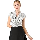 Allegra K Women's Polka Dots Tops Summer Ruffled Cap Sleeve Casual Office Bow Tie Neck Blouse