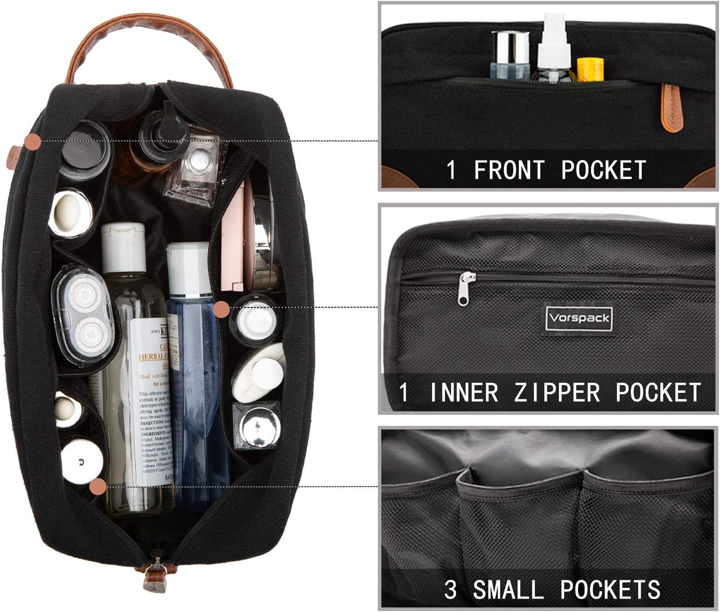Vorspack Toiletry Bag Hanging Dopp Kit for Men Water Resistant Canvas Shaving Bag with Large Capacity for Travel- Black