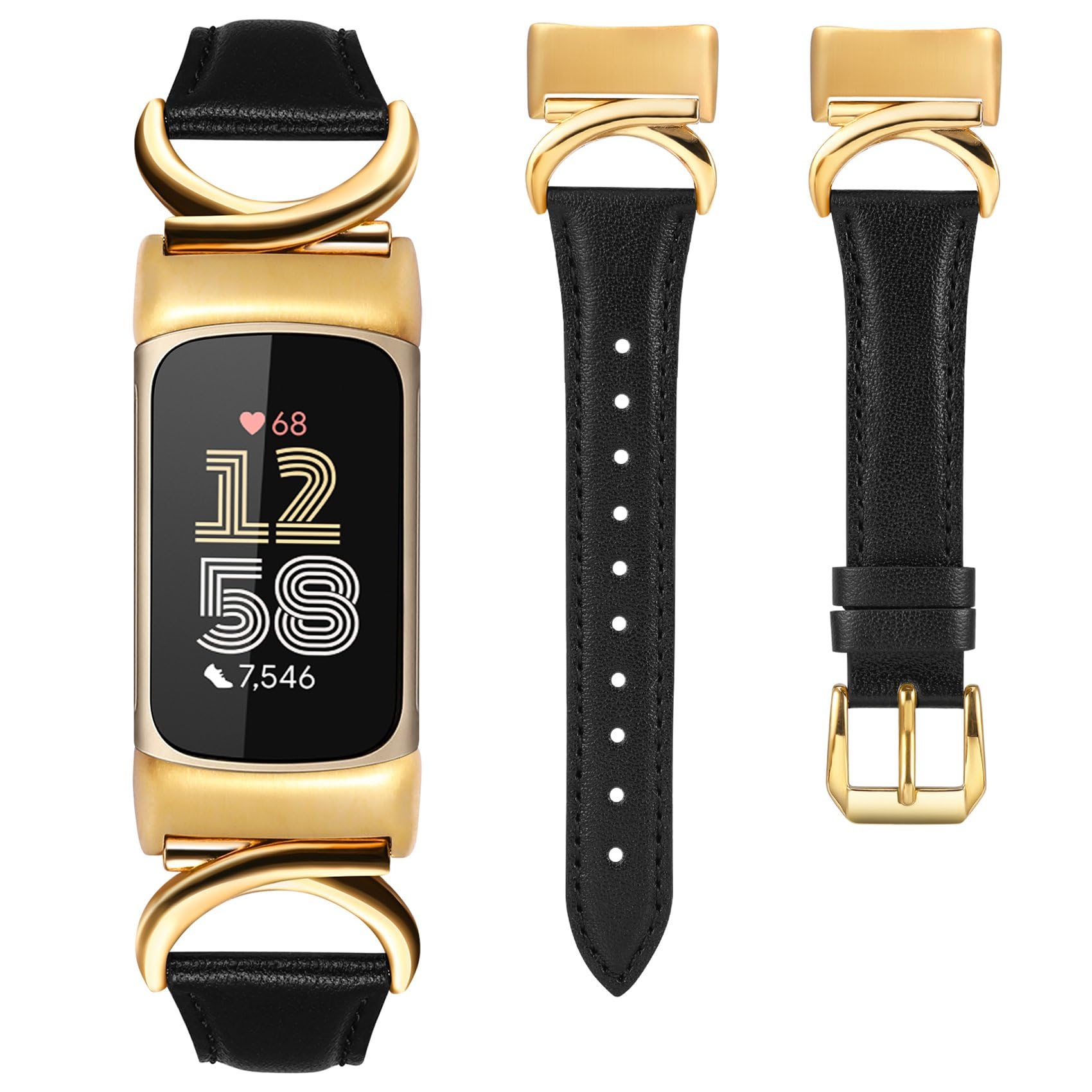 TOYOUTHS Leather Straps Compatible with Fitbit Charge 6/Charge 5 Strap Women, Slim Thin Elegant Dressy Designer Premium Leather Strap with C-Shape Metal Buckle for Charge 6/5, Black/Gold