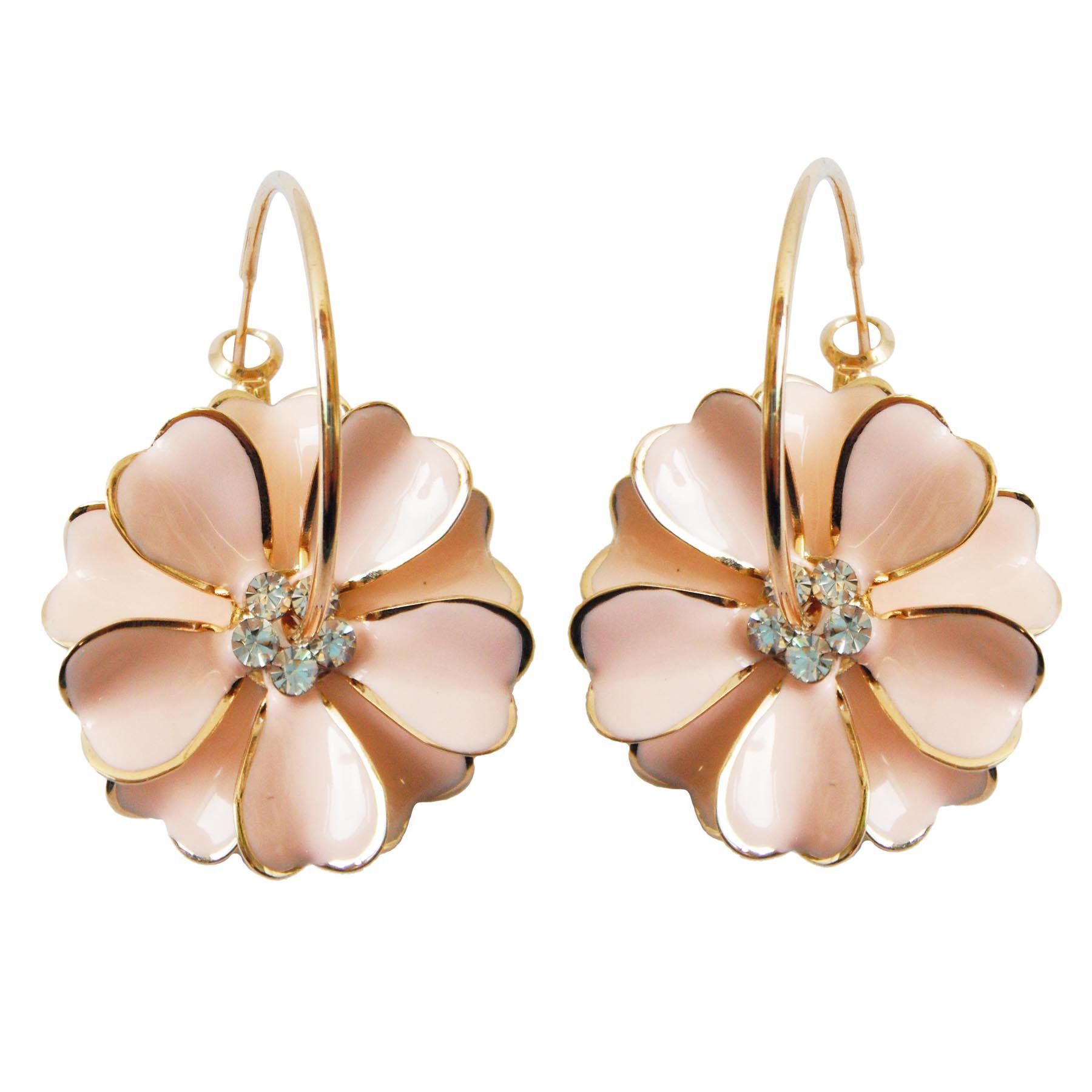Navachi 18k Gold Plated Pink Enamel Flower Crystal Az2437e Hoop Earrings(dia. 3cm)