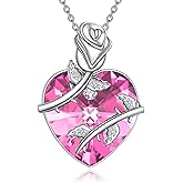 AXOMY Birthstone Necklace 925 Sterling Silver Rose Flower Heart Pendant Necklace Birthstone Jewelry with Crystal Gifts for Women Wife Mom