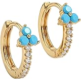 MEVECCO Gold Huggie Hoop Earrings 18K Gold Plated Turquoise Flower CZ Hoop Earrings Minimalist Handmade Earrings for Women