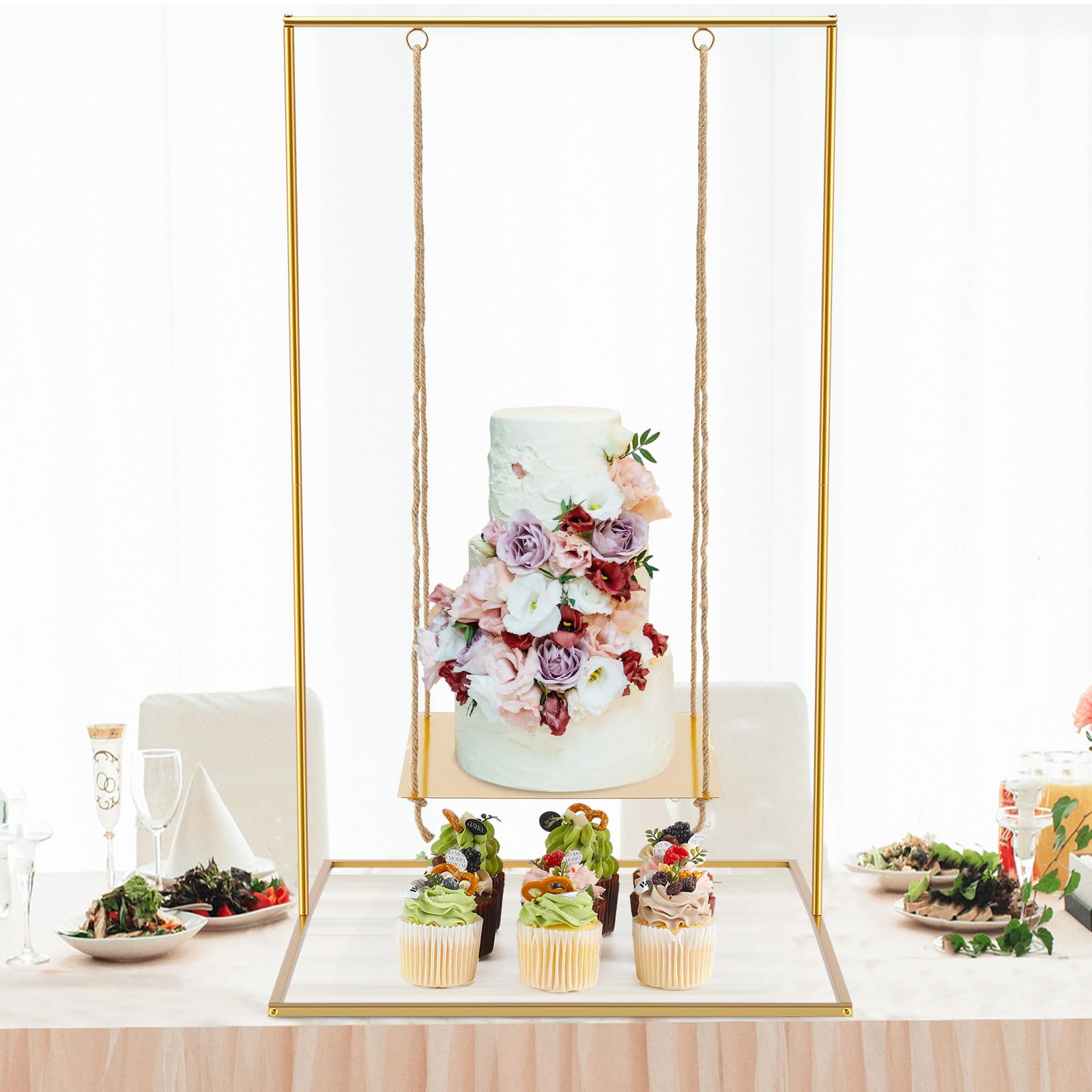 Photo 1 of Lallisa Gold Metal Swing Cake Stand 2.8 Feet Tall Hanging Dessert Display Centerpiece with Jute Rope Floating Cake Stand for Wedding Birthday Anniversary Baby Shower Party Supplies Decorations