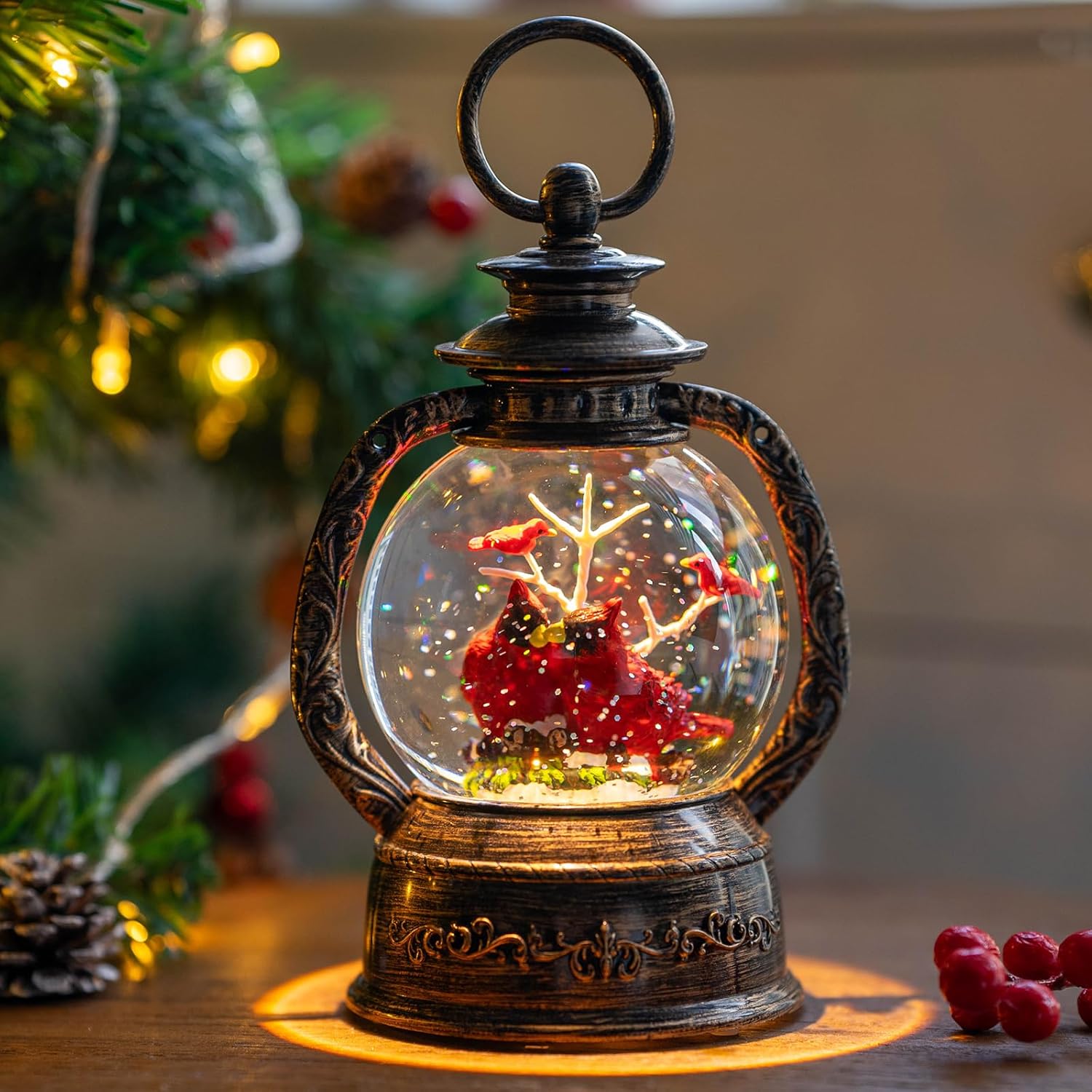 Snow Globes - Christmas Snow Globe Lantern Water Glittering Cardinals with Music & Timer, USB Lined/Battery Operated Lighted Lantern for Christmas Festival Decoration Gifts