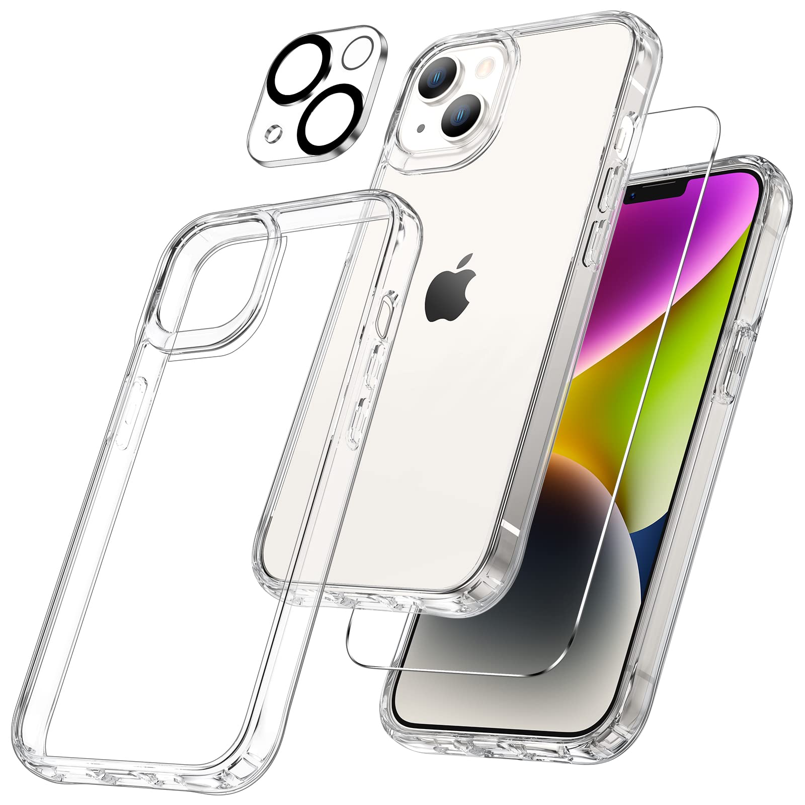 Maxdara 3 in 1 for iPhone 14 Clear Case with Tempered Glass Screen Protector and Camera Lens Protector Drop Protection Case for iPhone 14 6.1 Inch