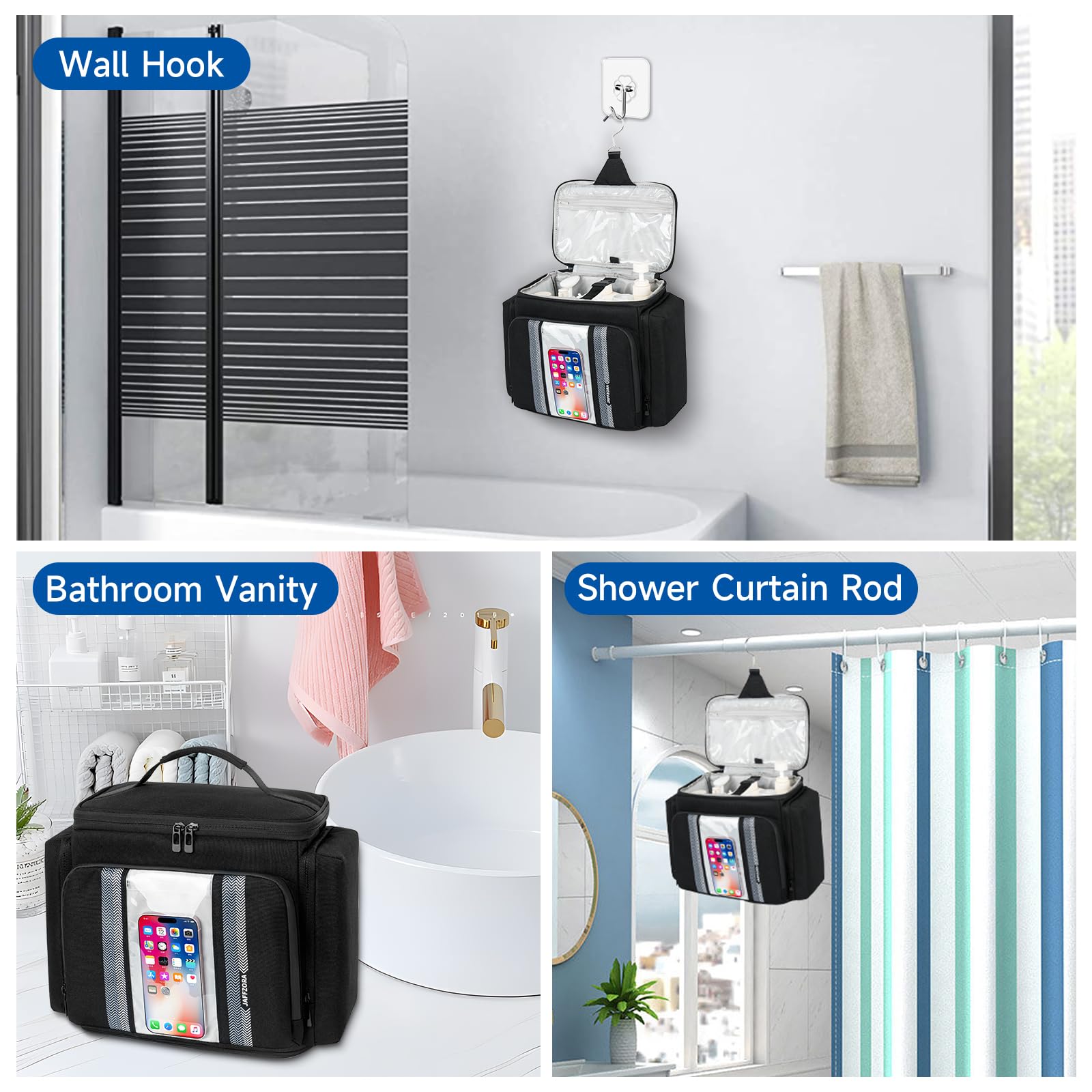 Portable Shower Caddy (Full Size Bottle Compatible),Travel Shower Tote Bag with Quick Dry Mesh Base,Hanging Toiletry Cosmetic Bag for Gym,College,Camping & Dorm, Black
