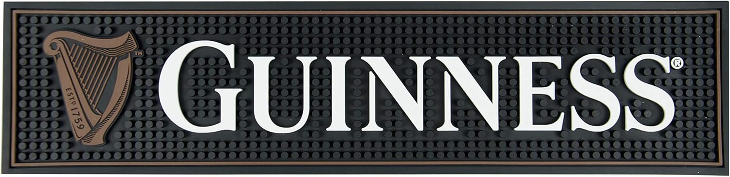 Guinness Gaelic Label Bar Mat - Non Slip Black PVC Rubber Drip Tray (White)
