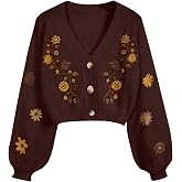 BEAUDRM Women's Floral Cardigan Sweater Boho Cottagecore Cropped Cardigan | Fall Clothes, Western, Embroidery, Button Down, Knit Top, Vintage