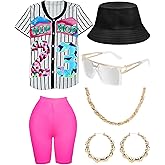 80s 90s Outfit for Women, Unisex Hip Hop Costume Baseball Jersey Shirt Yoga Pants Bucket Hat Gold Chain Rapper Accessories