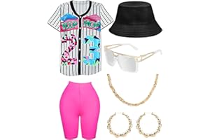 WILDPARTY 80s 90s Outfit for Women, Unisex Hip Hop Costume Baseball Jersey Shirt Yoga Pants Bucket Hat Gold Chain Rapper Accessories