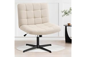 Furniliving Linen Office Desk Chair No Wheels, Armless Swivel Home Office Chair Height Adjustable Wide Office Chair for Bedroom, Modern Mid Back Accent Chair Computer Task Chair, Beige