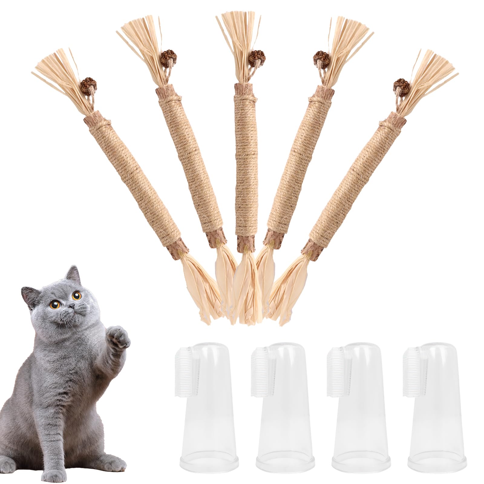 5pcs Natural Silvervine Chew Sticks Kitten Teething Toys, 4pcs Cat Dog Finger Toothbrush Pet Tooth Brushing Kit, Natural Cat Teeth Nip Cleaning Catnip Toys ,Catnip Chew Toys ,Kitten Stress Release