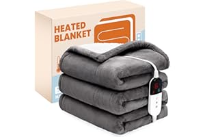 BENFOX Electric Heated Blanket，Flannel & Sherpa Heated Throw Blanket 50"x60"，Fast Heating Soft Fleece Blanket with 6 Heating Levels & 4H Auto Off-Light Grey