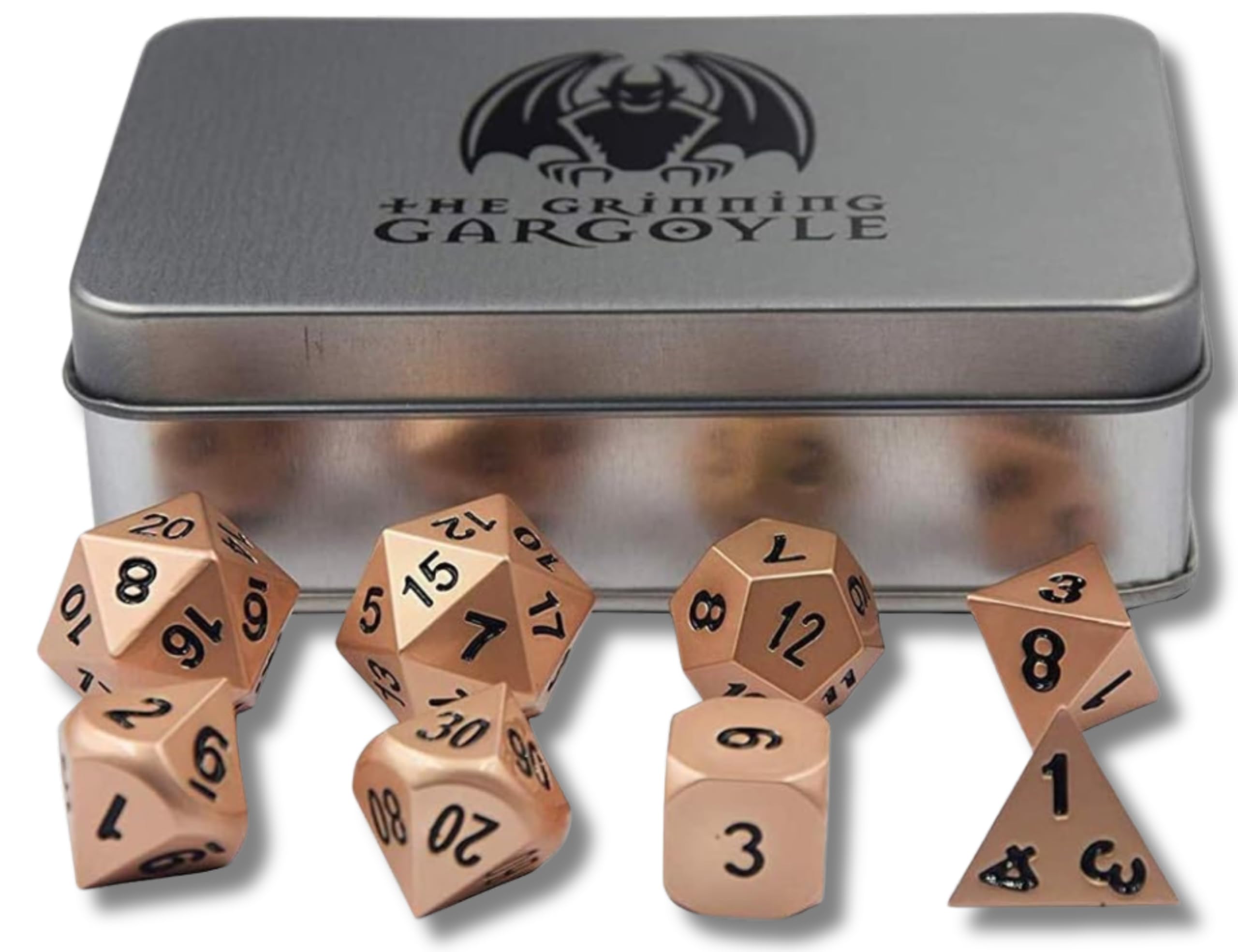 Metal DnD Dice - 8x Polyhedral RPG Set with Case - Copper Easy to Read D&D Metal Dices Set - Includes 2x D20 - Dungeons and Dragons Metalic Dice - D and D D20 Accessory (Brass)