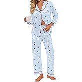 SWOMOG Pajamas for Women Sets 2 Piece Button Down Printed Pjs Long Sleeve Shirt and Pants Fall Sleepwear Cute Loungewear