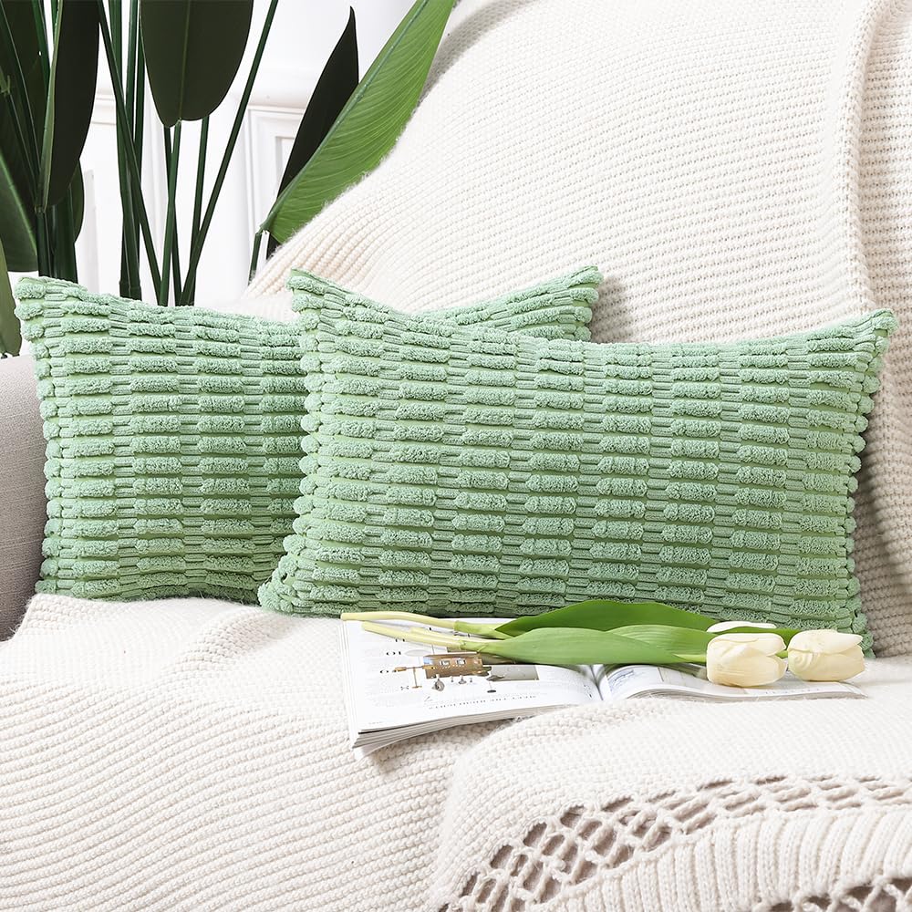 Madizz Pack of 2 Boho Striped Corduroy Throw Pillow Covers 12x20 inch, 30x50 cm, Green Soft Decorative Cushion Cover for Sofa Bedroom Pillow Shell โ image 1