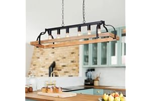 WUZUPS 6-Light Metal Pot Hanging Rack Chandelier Imitation Light Wood Grain Linear Pendant Ceiling Lighting Rustic Farmhouse Fixture Kitchen Island Dining Room, H 9.8" L 40.6" W11.8, E26 Base, Black