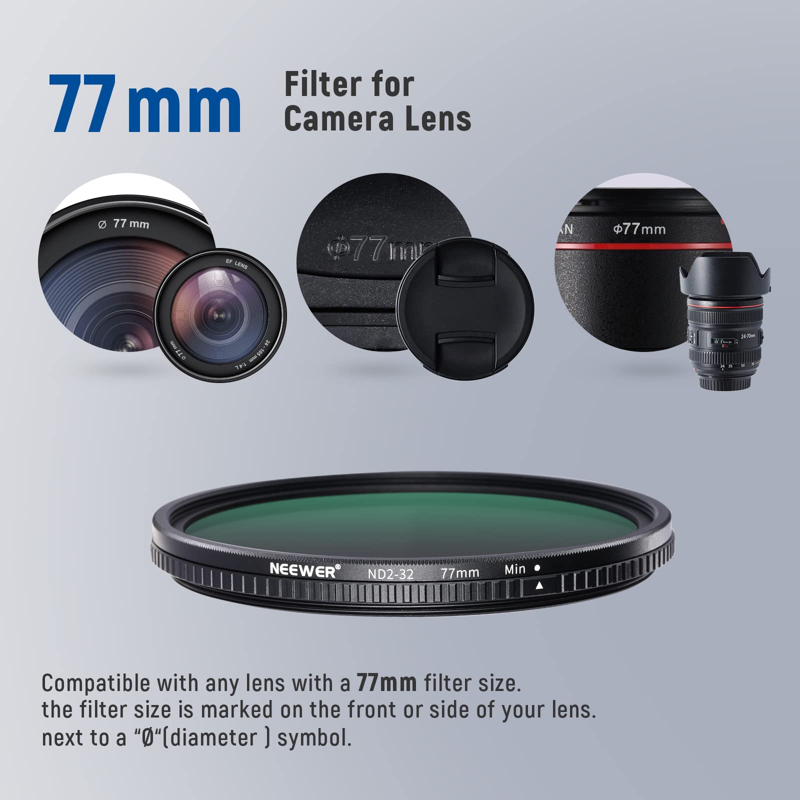 NEEWER 77mm Variable ND Filter ND2-ND32(1-5 Stops) Adjustable Neutral Density Filter/No X Cross/Ultra Slim Aluminum Alloy Frame/Optical Glass/Multi Layer Nano Coated/Water Repellent/Scratch Resistant
