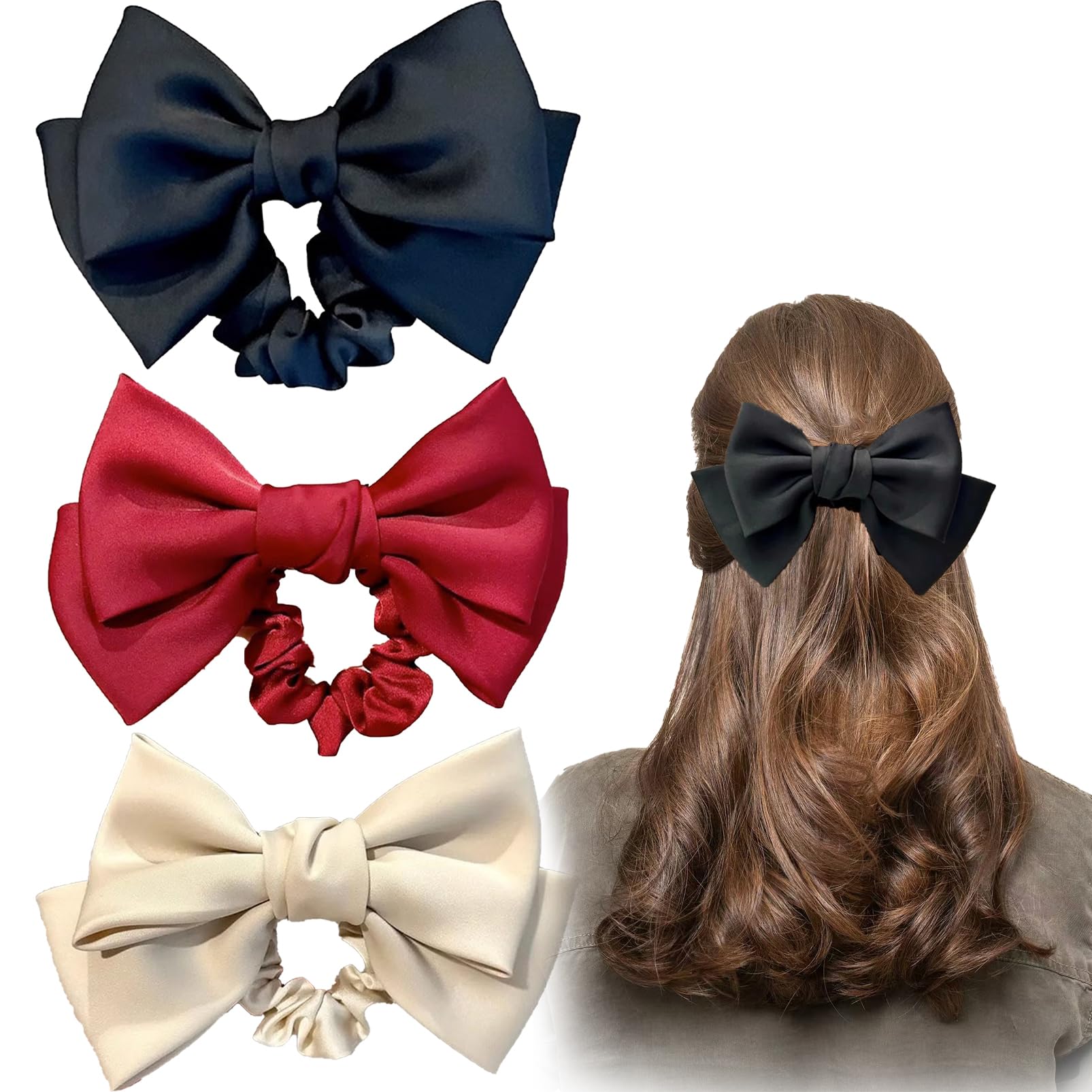 Satin Bow Scrunchies, 3 Pcs Black Red White Bowknot Hair Ties Ropes,Ribbon Bows Hair Ties School Girls Ribbon For Hair Ponytail Holders, Hair Bows For Women Girls Hair Styling Accessories