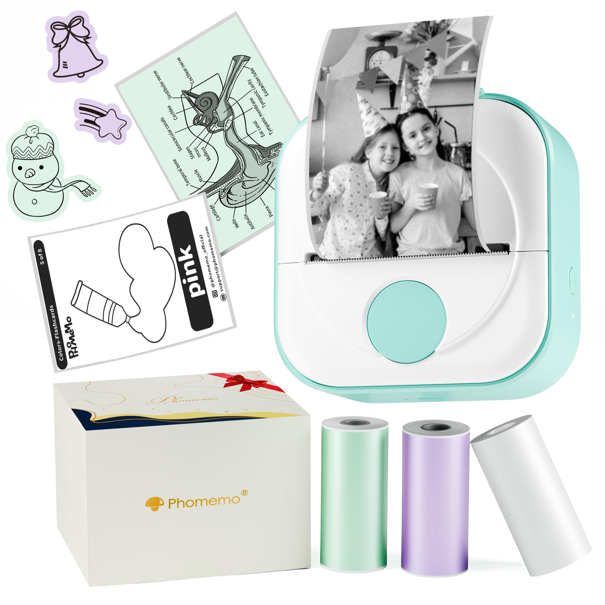 Phomemo Q02 Mini Drucker, Tiny Printer für Studium, Notizen, Bilder, Fotos, Tagebücher, Heimwerken, Sticker Drucker Kompatibel mit Telefon & Tablet, Handy Druckers mit 3 Rollen Papier, Grün