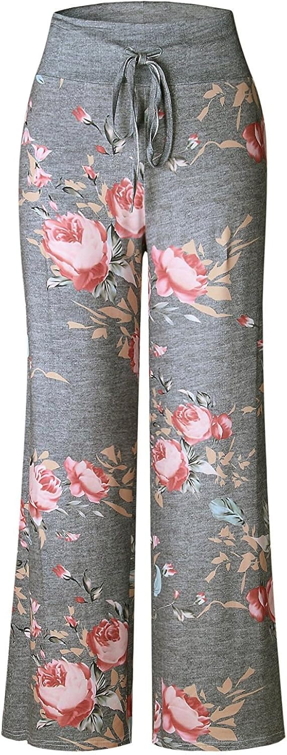 AMiERY Women's Comfy Casual Pajama Pants Floral Print Drawstring Palazzo Lounge Pants Wide Leg at  Women’s Clothing store