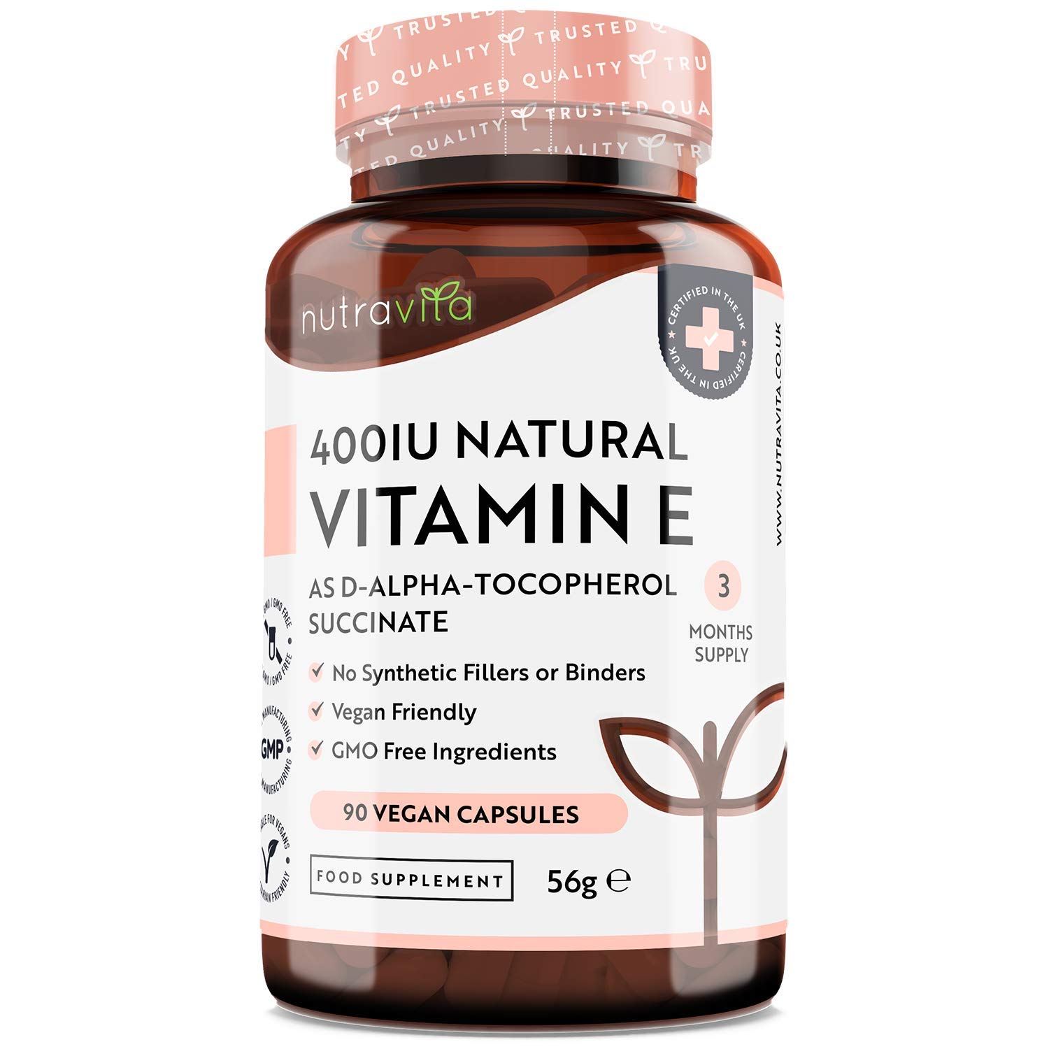 Nutravita Vitamin E 400IU D-Alpha Tocopherol – 100% Natural Vitamin E – 90 Vegan Capsules – Highly Absorbable – 3 Month Supply – Protects Cells from Oxidative Stress – Made in The UK