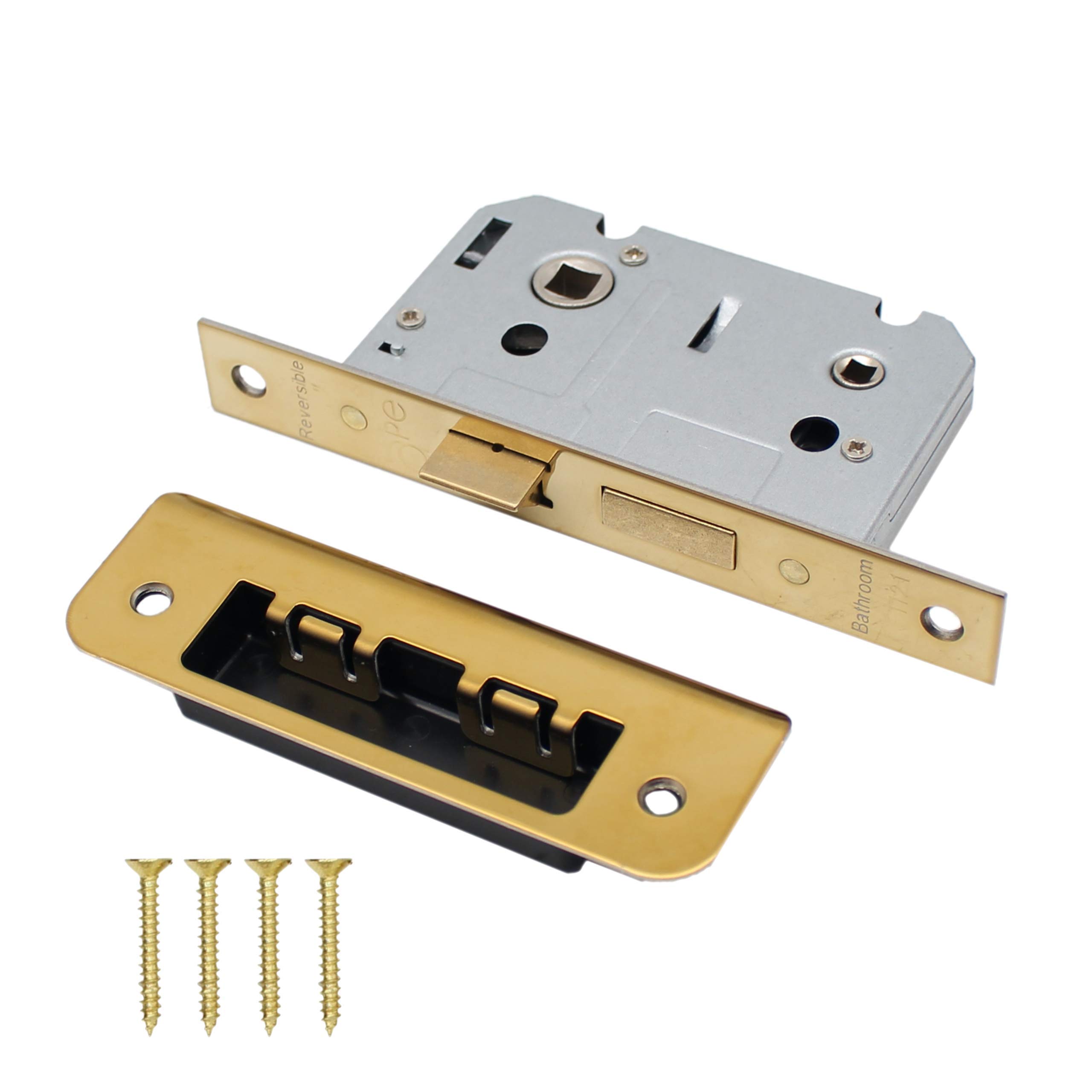 Bathroom Mortice Door Lock Bolt Through | 64mm / 2.5 Inch | Polished Brass | Square Forend