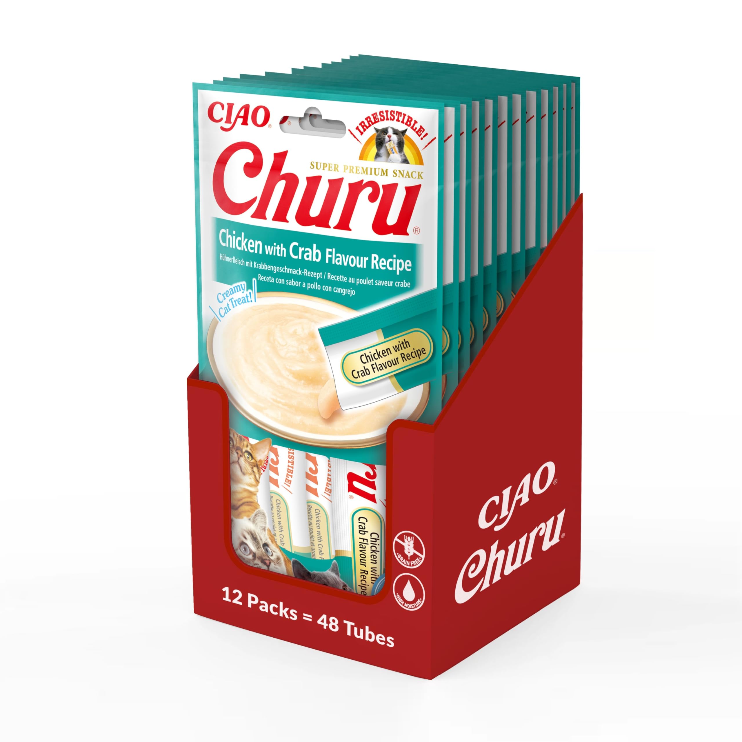Ciao Churu Sticks by INABA Cat Treat - Chicken & Crab Flavour 12 Pack (48 x 14g total) / Soft & Creamy Cat Treat, Delicious & Healthy Snack, Pill Assist, Natural, Grain Free