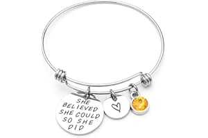 LIUANAN Stainless Steel Inspirational Encouragement Bracelet She Believed She Could So She Did Expandable Bangle Birthstone Charm Cuff Bracelet