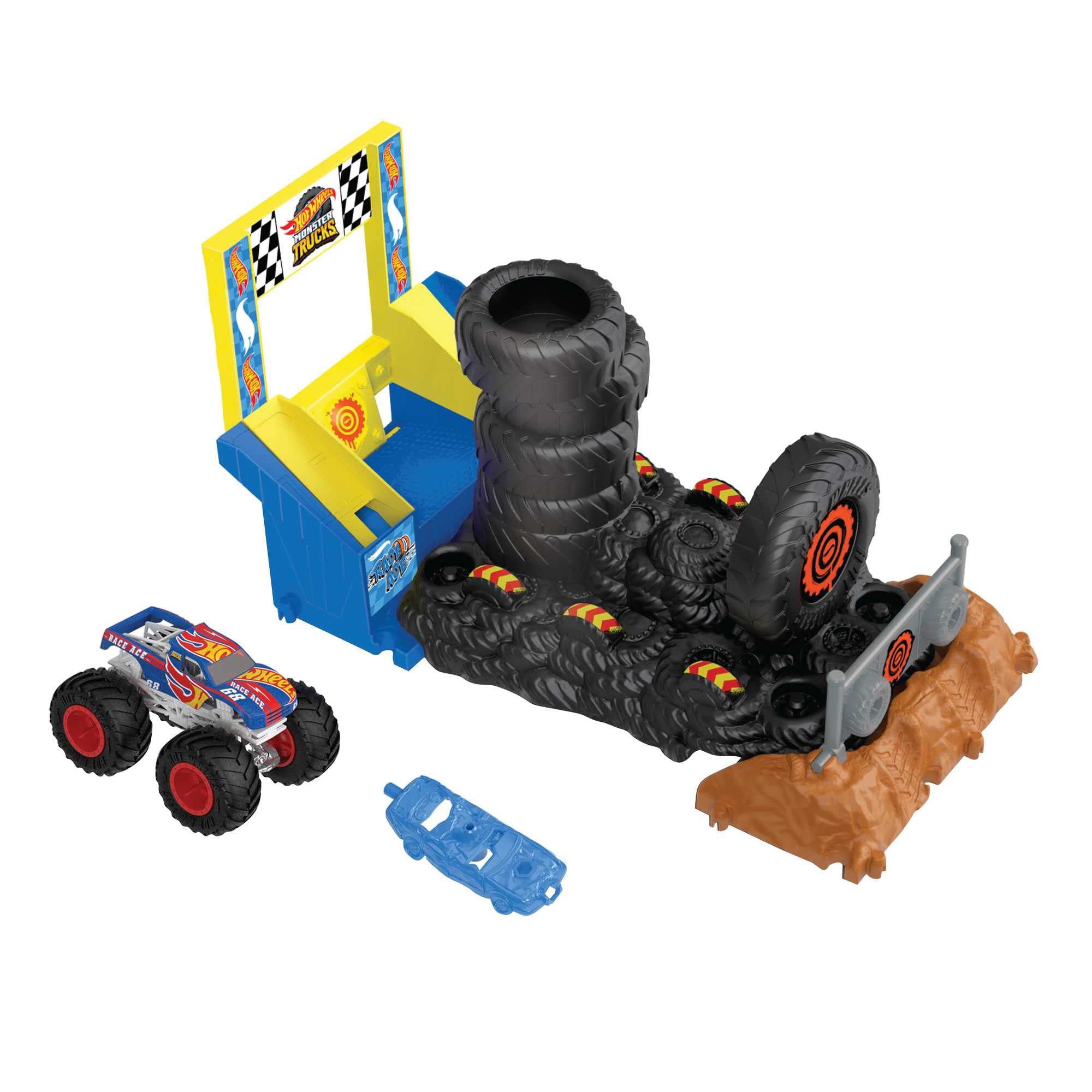 Hot Wheels Monster Trucks Arena Smashers Playset with 1:64 Scale Race Ace Truck and Crushable Car, HNB89
