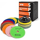 SPTA 15pcs Diamond Wet Polishing Pads Set, 4 inch, White, 50#-6000#, For Granite, Concrete, Marble, Stone, Tiles, With Floor Grinder or Polisher