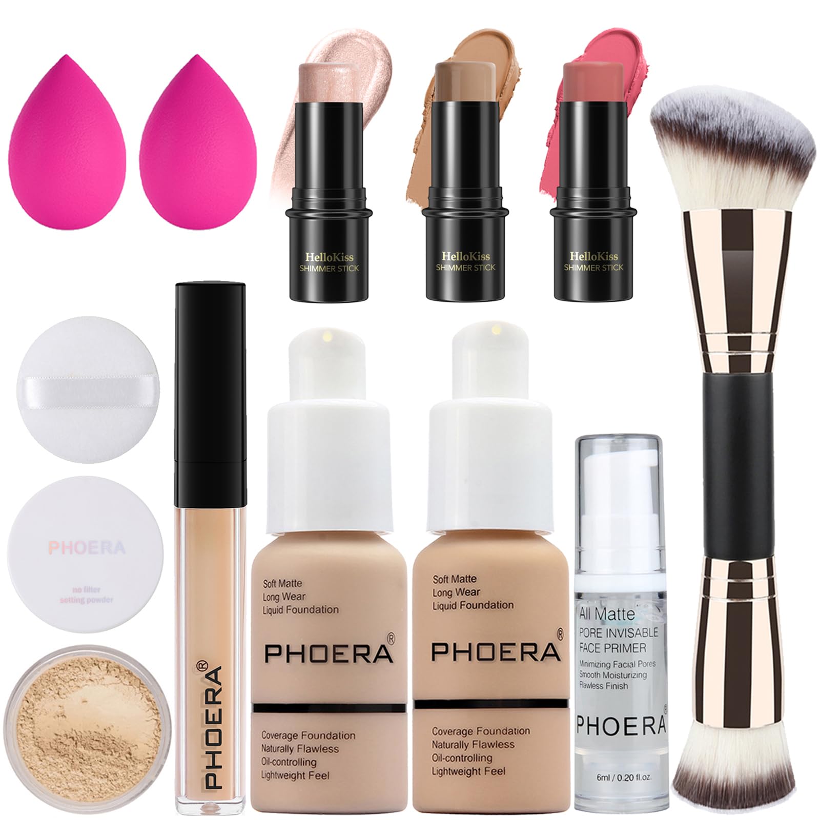 PHOERA Foundation, 3 PCS Contour Makeup Kit With Highlighter, Blush and Bronzer Sticks for Sculpting Cheeks (102+102+ Fair-Light Contour/Nude + Nude+#03,#09,#12)
