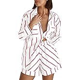 Bufushaoh Women's Striped 2 Piece Outfits Casual Oversized Button Down Shirts and Short Lounge Pajamas Set