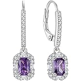 PYNZY 925 Sterling Silver Earrings Square Earrings with Princess Cut Birthstones, Halo Dangle Earrings with Leverback for Women Jewelry Gifts