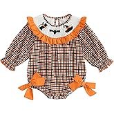 SYOKUP Newborn Infant Baby Girl Halloween Outfit Clothes Smocked Cat Bat Embroidery Romper Ruffle Plaid Bubble Bodysuit