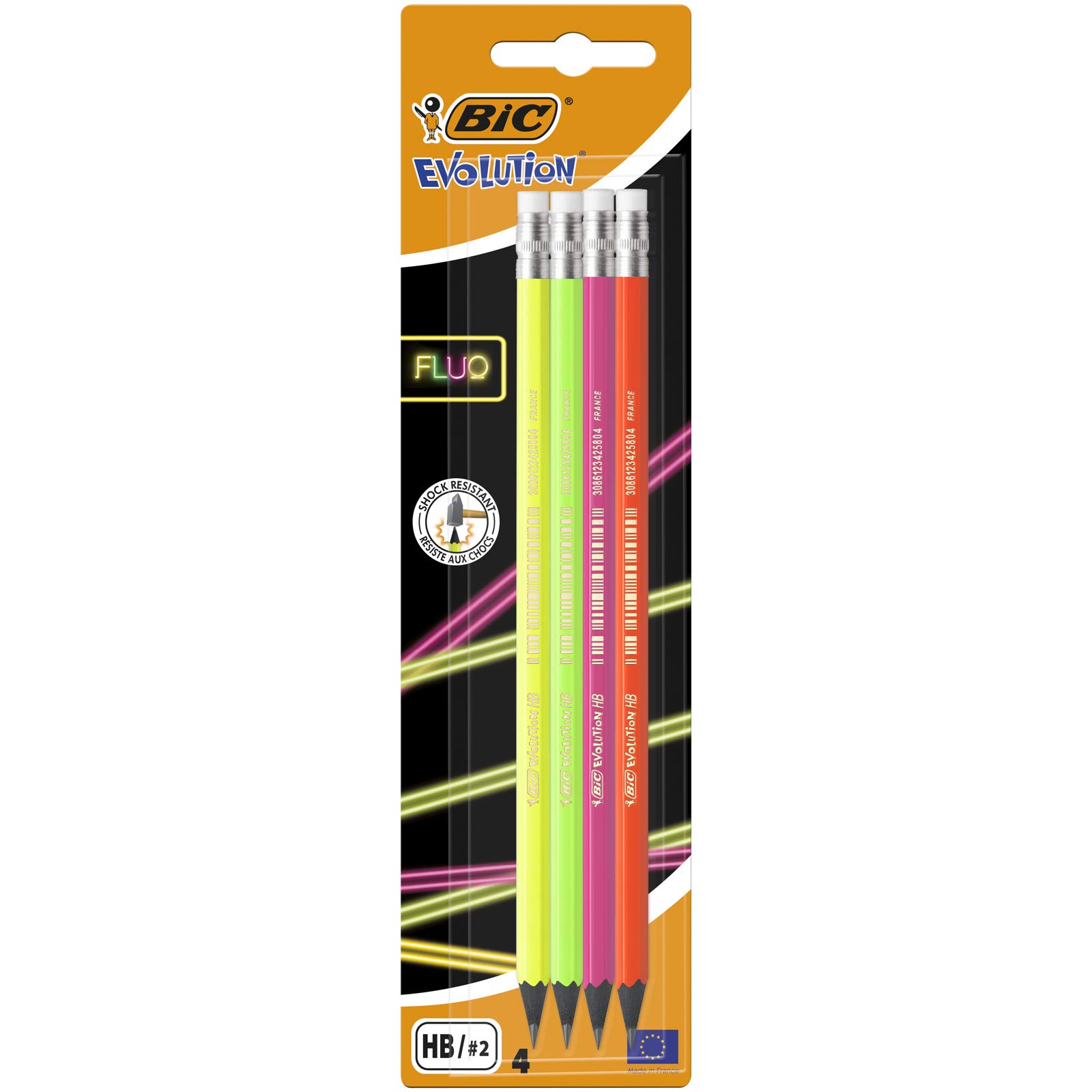 Evolution FLUORESCENTPENCILS, Blister of 4 Assorted Colours with Eraser Tips