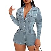 APRROOT Women's Vintage Denim Jumpsuit Jean Romper Long Sleeve Button Down One Piece Stretchy Cargo Shorts with Pockets