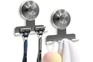 Suction Cup Razor Holder for Shower, 2 Pack Stainless Steel Double Shower Hooks Rack for Bathroom, No Drill Wall Mount, Tile 