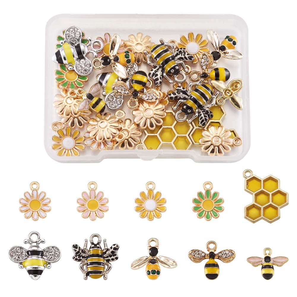 Craftdady 28pcs Yellow Enamel Bee Mixed Styles Dangle Charms Honeybee Daisy Honeycomb Floating Necklace Pendants for Jewelry Crafts Making, Hole: 1.2-2mm