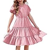 Arshiner Girls Dresses Summer Ruffle Sleeve Swiss Dot V Neck Twirl Birthday Party Midi Dress with Pockets