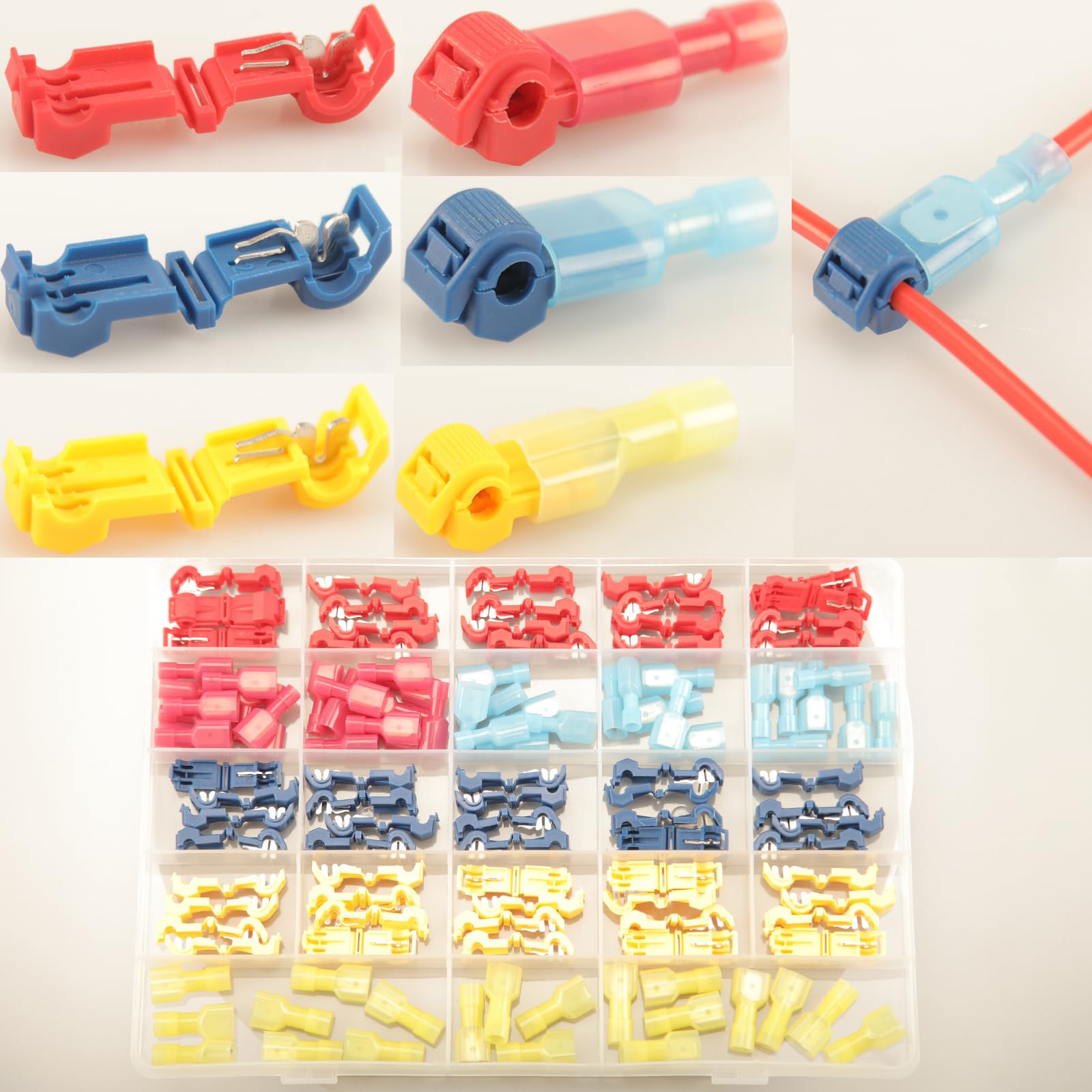 Feggizuli 120pcs T-Tap Wire Connectors, t-taps quick splice wire terminal connectors, Insulated Male Quick Disconnect Spade Terminals Assortment Kit with Storage Case with Storage Case for auto wiring