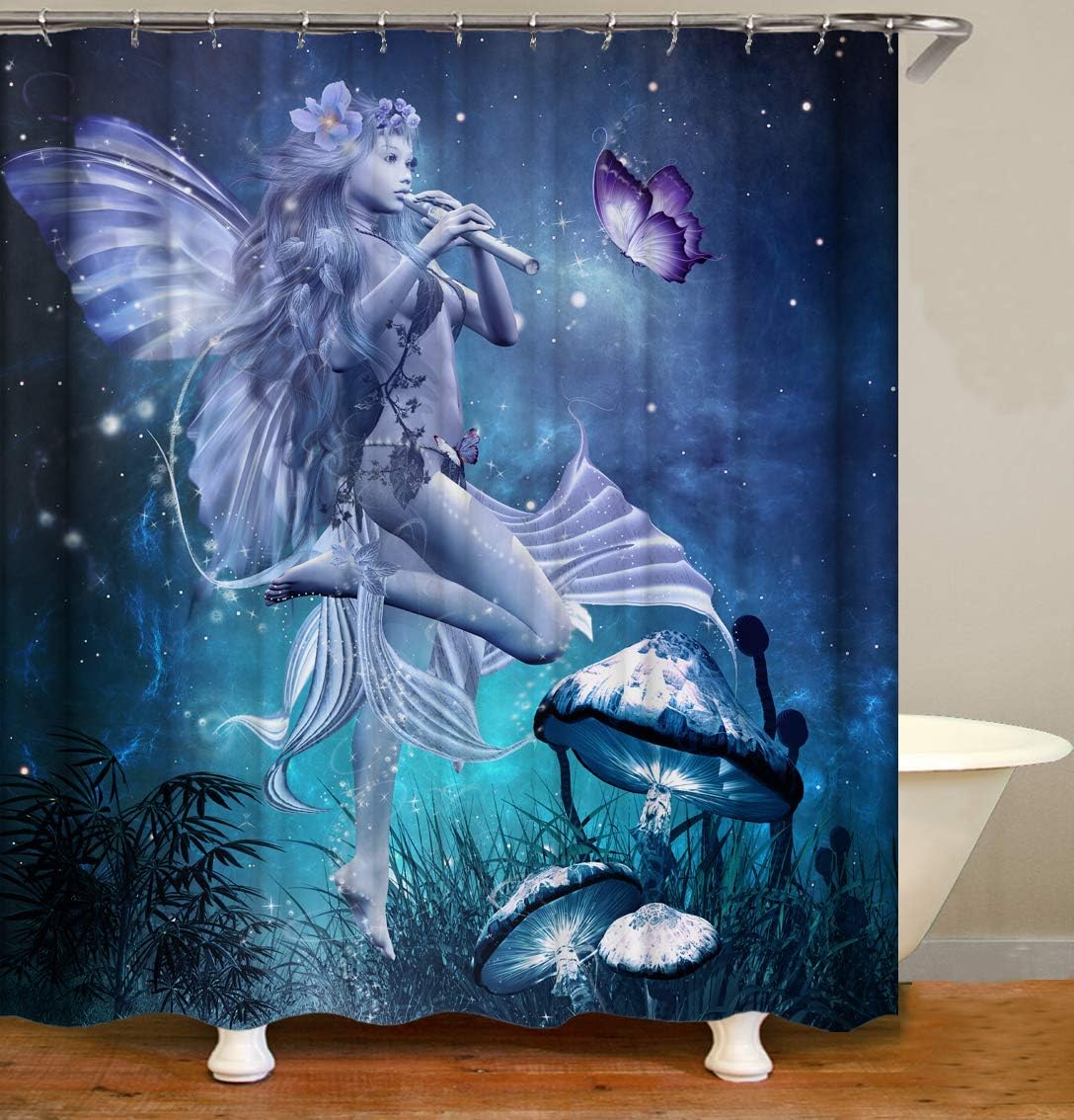 Fairy Girl Shower Curtain Decor,Sexy Angel Playing Flute Fantasy Starry Sky Butterfly Mushroom Night Scenery Blue Fabric Bathroom Curtains,Waterproof Polyester Bath Curtain Set with Hooks 70x70 Inch