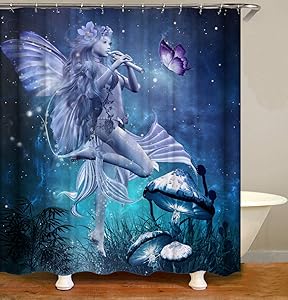 Fairy Girl Shower Curtain Decor,Sexy Angel Playing Flute Fantasy Starry Sky Butterfly Mushroom Night Scenery Blue Fabric Bathroom Curtains,Waterproof Polyester Bath Curtain Set with Hooks 70x70 Inch